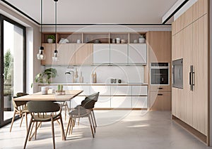 Interior design of a clean modern kitchen with all necessary equipment