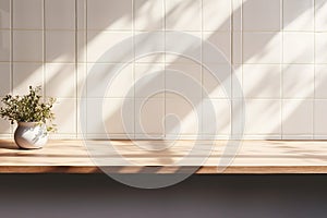 interior design, close up blank empty space on beautiful oak wood wooden kitchen counter top with morning sunlight and foliages