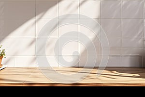 interior design, close up blank empty space on beautiful oak wood wooden kitchen counter top with morning sunlight and foliages