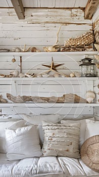 Interior design in coastal style with shelf with marine decor above cozy sofa with white pillow and cushion