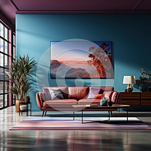 Interior design, colorful living room, leather sofa and colorful walls. AI generative