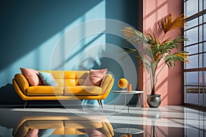 Interior design, colorful living room, pink, yellow and blue colors. AI generative