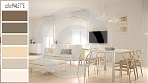 Interior design concept, architect designer, modern scandinavian living room draft with color palette, background