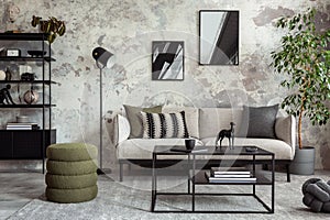 Interior design of concrete living room with mock up poster frame, gray sofa, pillows, simple coffee table, vase with dried