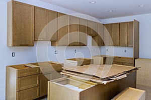 Interior design construction of kitchen with cabinet maker installing home improvement custom