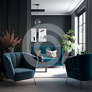 Interior Design: Cozy Apartment featuring Blue Sofa, Gray Armchairs, and Black Wall in Living Room. Generative AI