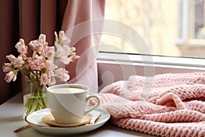 interior design, Cozy Easter, spring still life scene. Cup of coffee, opened notebook, pink knitted plaid on windowsill.