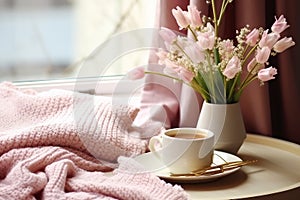 interior design, Cozy Easter, spring still life scene. Cup of coffee, opened notebook, pink knitted plaid on windowsill.