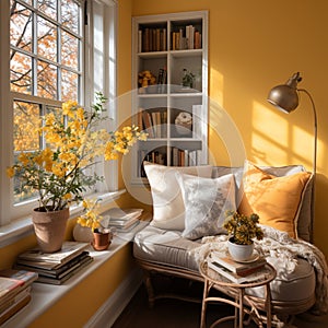 Interior Design Cozy modern Reading Nook, Warm light Radiate peaceful and serene atmosphere, home decoration in a country house,