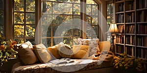 Interior Design Cozy modern Reading Nook, Warm light Radiate peaceful and serene atmosphere, home decoration in a country house,