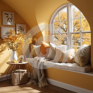 Interior Design Cozy modern Reading Nook, Warm light Radiate peaceful and serene atmosphere, home decoration in a country house,