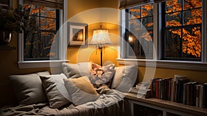 Interior Design Cozy modern Reading Nook, Warm light Radiate peaceful and serene atmosphere, home decoration in a country house,