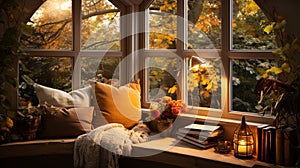Interior Design Cozy modern Reading Nook, Warm light Radiate peaceful and serene atmosphere, home decoration in a country house,