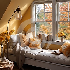 Interior Design Cozy modern Reading Nook, Warm light Radiate peaceful and serene atmosphere, home decoration in a country house,