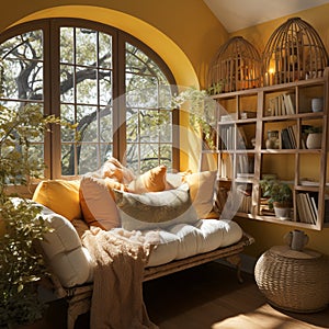 Interior Design Cozy modern Reading Nook, Warm light Radiate peaceful and serene atmosphere, home decoration in a country house,