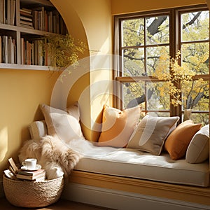 Interior Design Cozy modern Reading Nook, Warm light Radiate peaceful and serene atmosphere, home decoration in a country house,