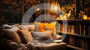 Interior Design Cozy modern Reading Nook, Warm light Radiate peaceful and serene atmosphere, home decoration in a country house,