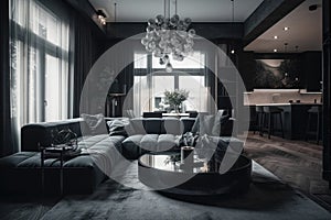 Interior design of a dark penthouse living room with big windows and curtains.