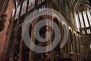 Interior design and decorate furniture stained glass of Cologne Cathedral or Hohe Domkirche St Petrus und Maria or Kolner Dom
