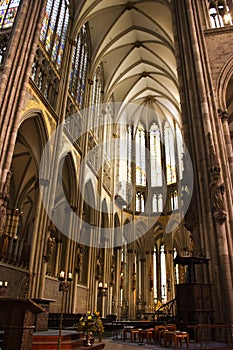 Interior design and decorate furniture stained glass of Cologne Cathedral or Hohe Domkirche St Petrus und Maria or Kolner Dom