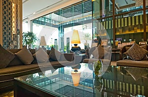 Interior design, Decoration sofa set in hotel lobby on Mittraphap Road in Nakhon Ratchasima, Thailand