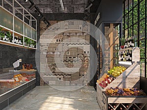 Interior design of a delicatessen grocery store. Loft style. The trading equipment with cheese, wine, fruit. 3D visualization.