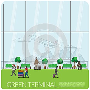 Interior design of departure airport terminal with passenger, tourist, businessman with airplane, sky train and mountain view