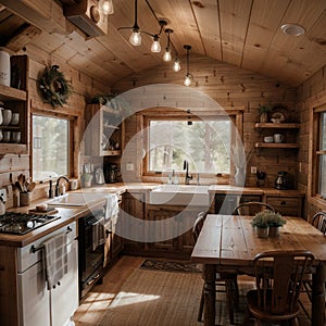 Interior design of a dining room and kitchen in a tiny rustic log cabin