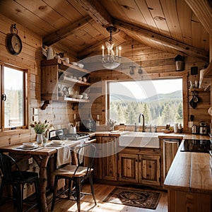 Interior design of a dining room and kitchen in a tiny rustic log cabin