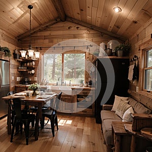 Interior design of a dining room and kitchen in a tiny rustic log cabin