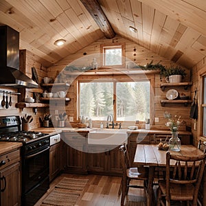 Interior design of a dining room and kitchen in a tiny rustic log cabin