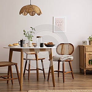 Interior design of dining room with round table, rattan chair, wooden commode, poster and kitchen accessories. Beige wall with