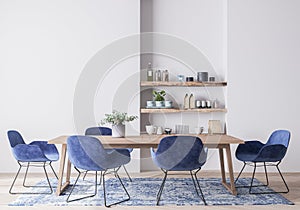 Interior design for dining room with velvet blue chairs, wooden table , Scandinavian style