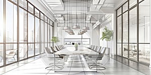 An interior design drawing of the office in white, created with Generative AI technology