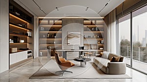 Interior design, an elegant modern minimalist study with a spacious layout, minimalist furniture, and a focus on functionality and