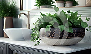 Interior design elements, beautiful green plants near vessel sink on countertop in bathroom, generative AI