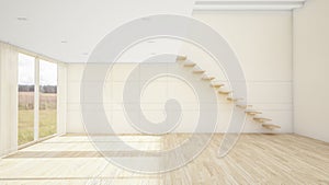 The interior design of empty room and living room modern style with window or door and wooden floor and stair. 3d Render