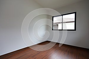 Interior design empty white room with glass window and wooden laminate floor