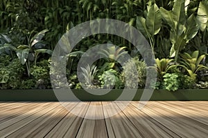 interior design, Empty wooden terrace with green wall 3d render,There are wood plank floor with tropical style tree garden