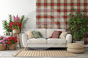 Interior with sofa, plants, and plaid