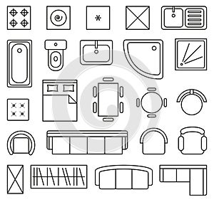 Vector set of outline isolated interior design floor plan objects icons photo