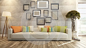Interior design with frames on concrete wall 3d rendering