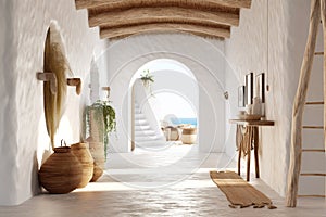 Interior design of greek island style entrance hall with arched doorway. Created with generative AI