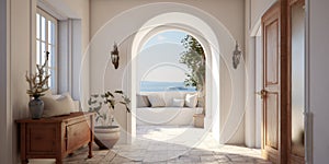 Interior design of Greek island style entrance hall with doorway