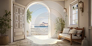 Interior design of Greek island style entrance hall with doorway