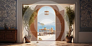 Interior design of Greek island style entrance hall with doorway