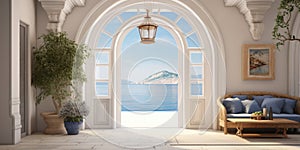 Interior design of Greek island style entrance hall with doorway