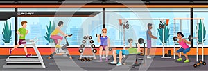 An interior design of a gym with fitness equipment and people exercise