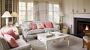 Interior design, home decor, sitting room and living room, white sofa and furniture in English country house and elegant cottage