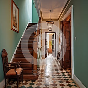 Interior design of a hotel corridor with wooden stairs and modern chair. Colonial, country style